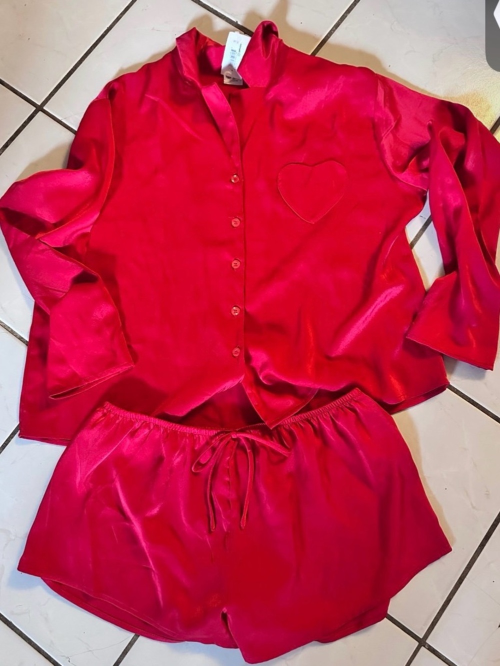 No Boundaries Red Satin Pajama Set with Heart Pocket